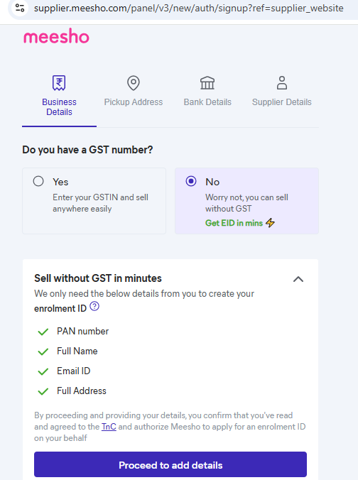 Register as a Non-GST Seller