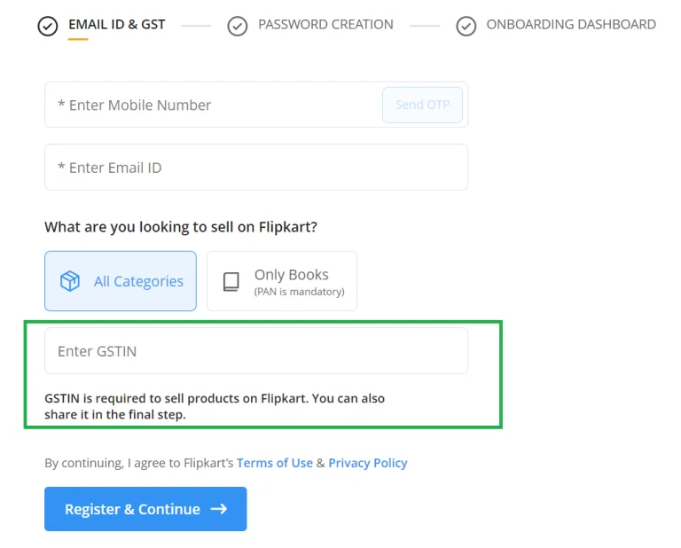 Upload required documents like GSTIN, PAN card, bank details, signature, and address proof