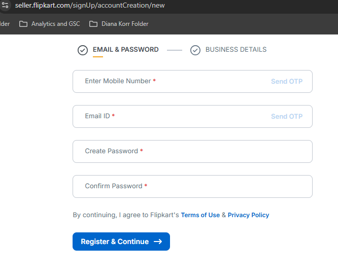 Enter your mobile number, email address, and business details, then verify your account using OTP.